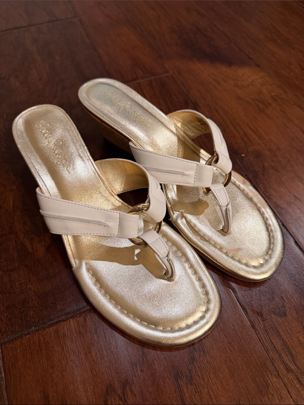 Lilly Pulitzer Gold Metallic Wedge Sandals with Cream Straps